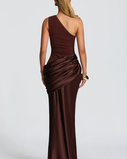 One-shoulder satin maxi dress back view showing asymmetrical neckline and floor-length silhouette