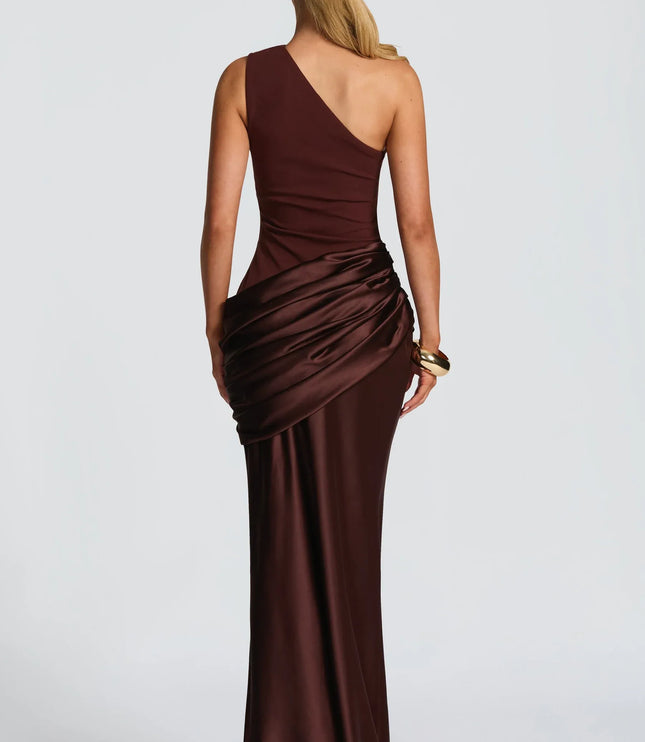 One-shoulder satin maxi dress back view showing asymmetrical neckline and floor-length silhouette