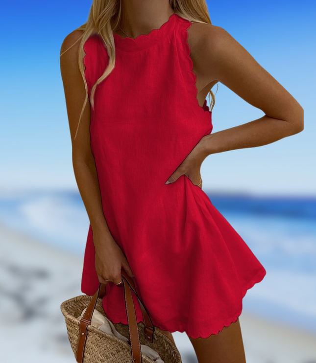 Women's Scalloped Trim Linen Mini Dress