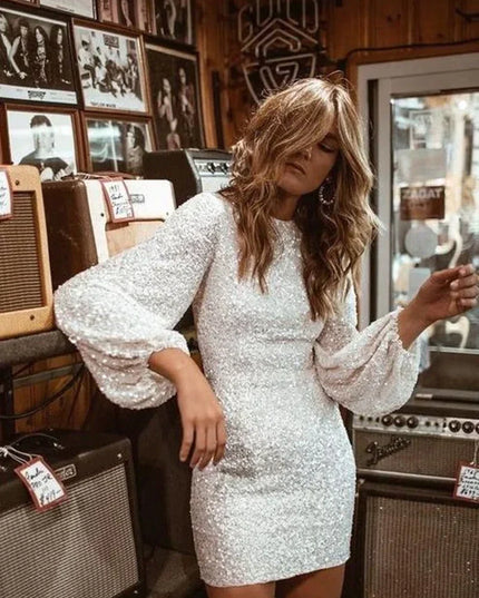 Women's Sequin Bodycon Mini Dress with Balloon Sleeves