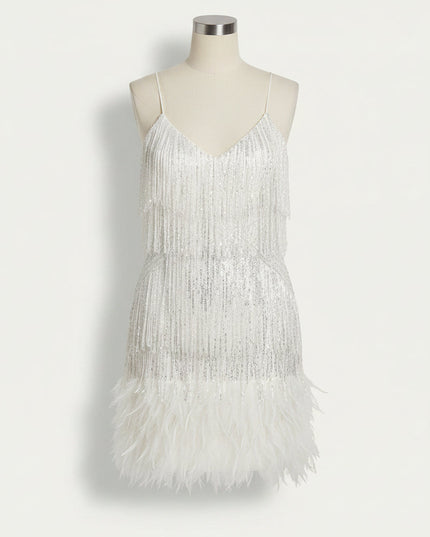 Women's Sequin Fringe Flapper Dress with V-Neck