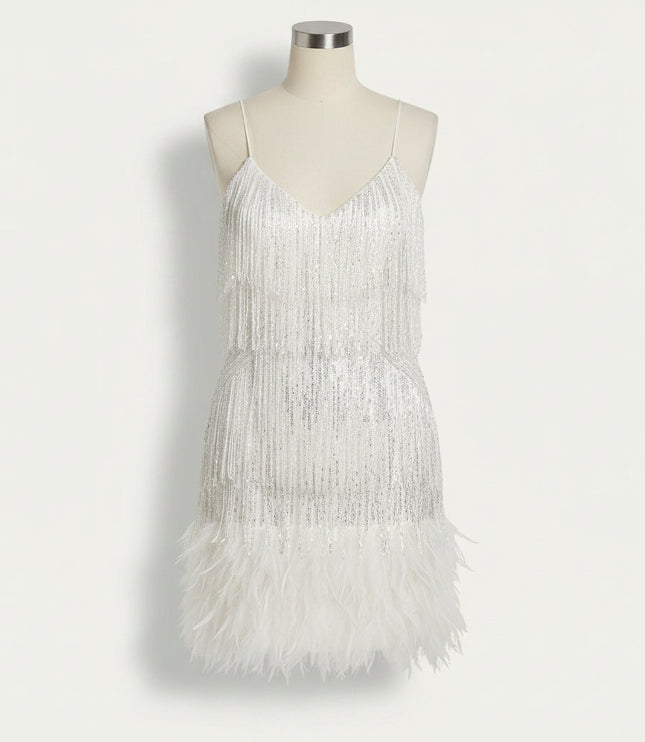 Women's Sequin Fringe Flapper Dress with V-Neck