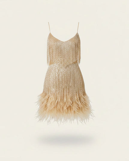 Women's Sequin Fringe Flapper Dress with V-Neck