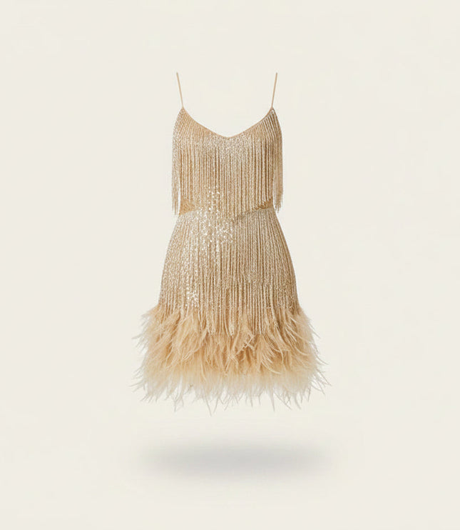 Women's Sequin Fringe Flapper Dress with V-Neck