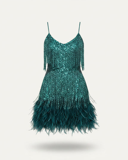 Women's Sequin Fringe Flapper Dress with V-Neck