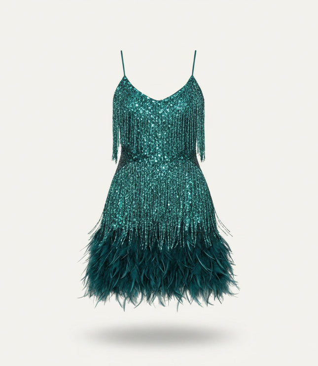 Women's Sequin Fringe Flapper Dress with V-Neck