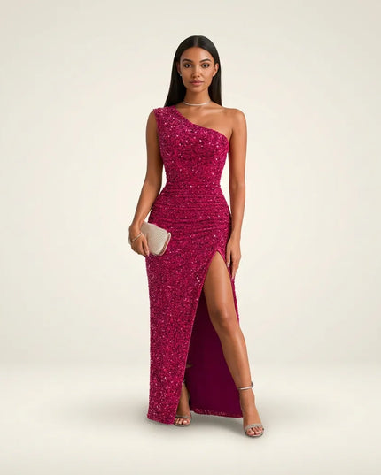 Magenta sequin one-shoulder maxi dress with thigh slit