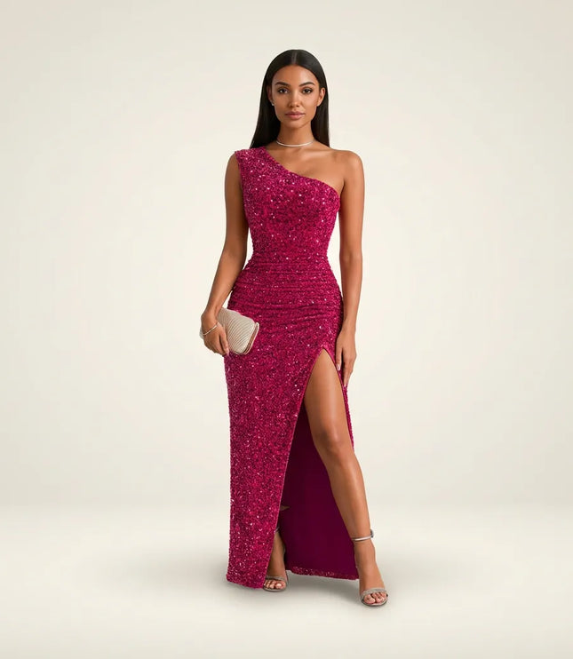 Magenta sequin one-shoulder maxi dress with thigh slit