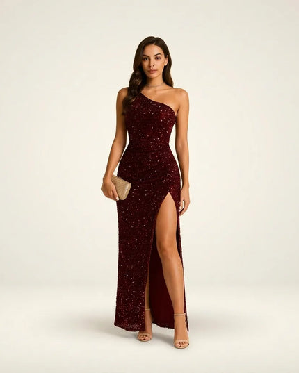 Burgundy sequin one-shoulder maxi dress with high leg slit