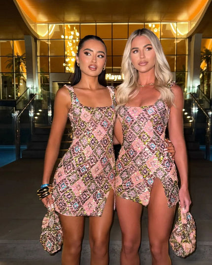 Pink and gold sequin square neck mini dress with geometric pattern front view