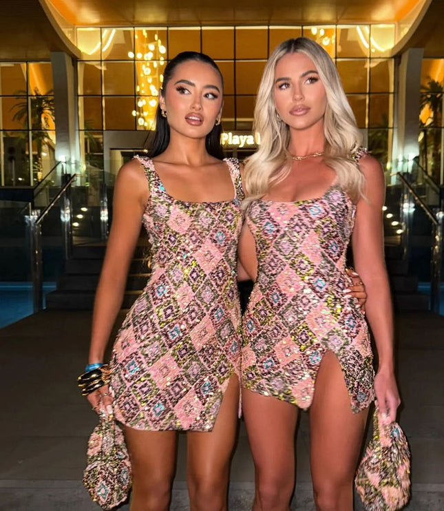 Pink and gold sequin square neck mini dress with geometric pattern front view