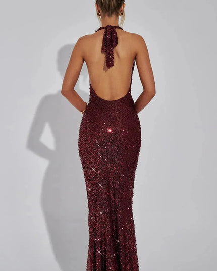Burgundy sequin halter maxi dress back view with tie-back closure