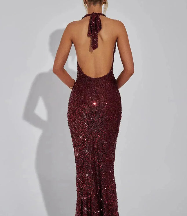 Burgundy sequin halter maxi dress back view with tie-back closure