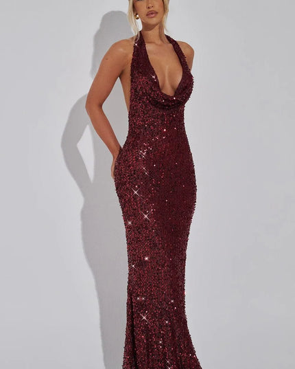 Burgundy sequin halter maxi dress front view with deep V-neckline
