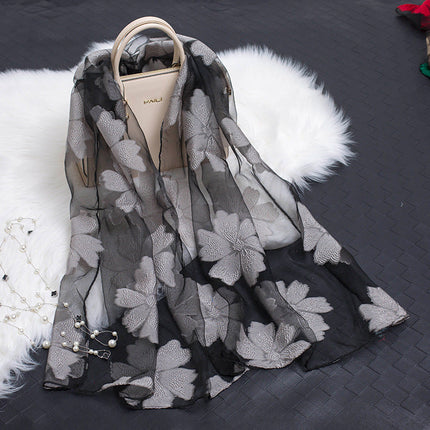 Women's Sheer Organza Scarf with Floral Cutwork