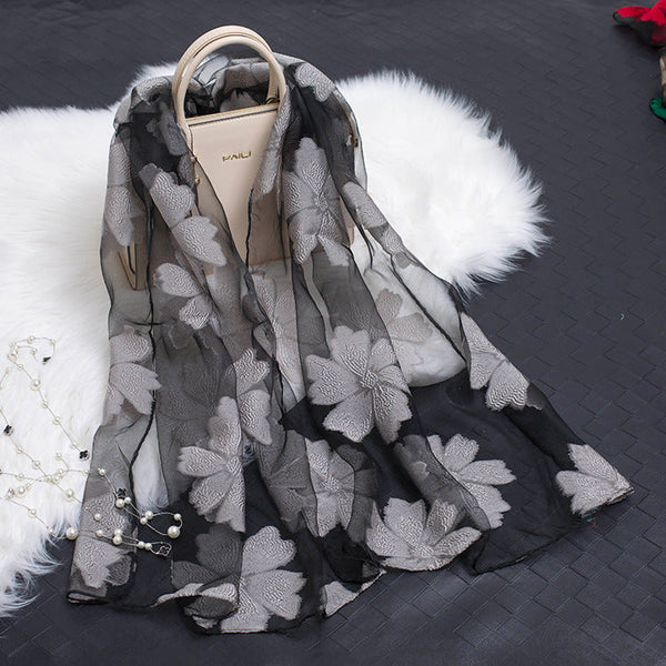Women's Sheer Organza Scarf with Floral Cutwork