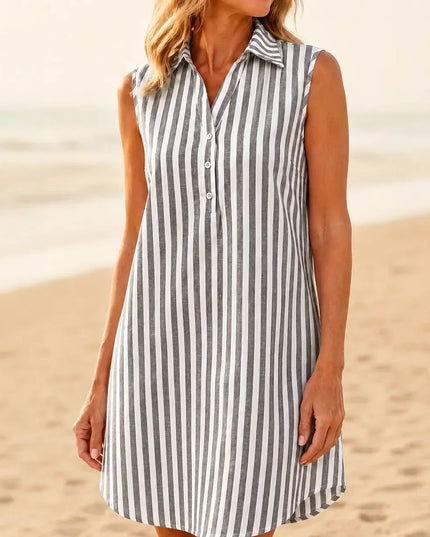 Women's Shirt Dress in Stripes, Collared and Sleeveless