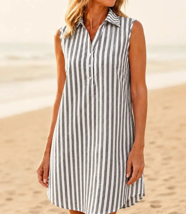 Women's Shirt Dress in Stripes, Collared and Sleeveless