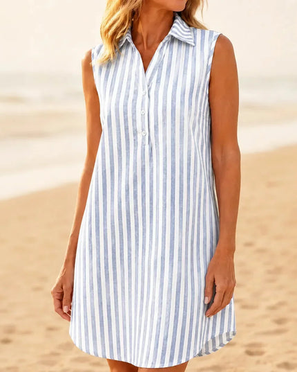 Women's Shirt Dress in Stripes, Collared and Sleeveless