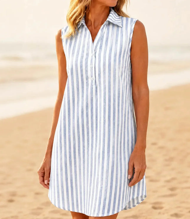 Women's Shirt Dress in Stripes, Collared and Sleeveless