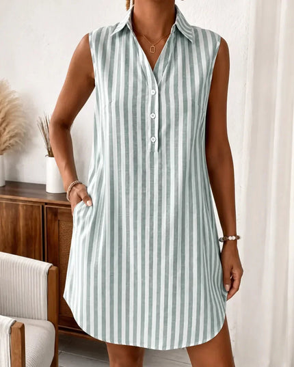 Women's Shirt Dress in Stripes, Collared and Sleeveless