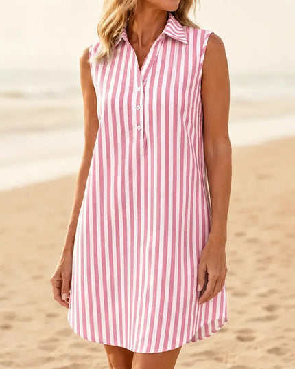 Women's Shirt Dress in Stripes, Collared and Sleeveless