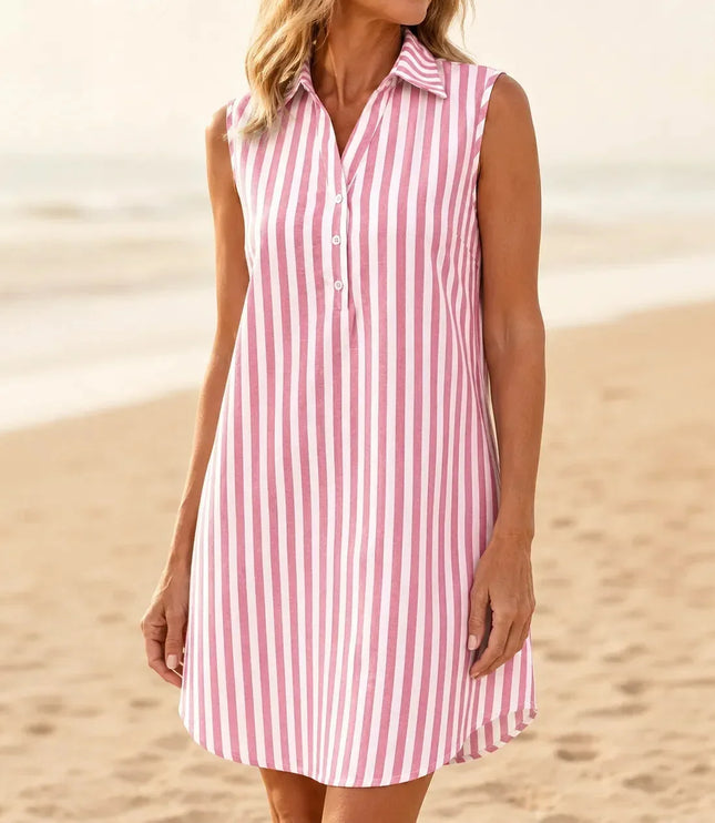 Women's Shirt Dress in Stripes, Collared and Sleeveless