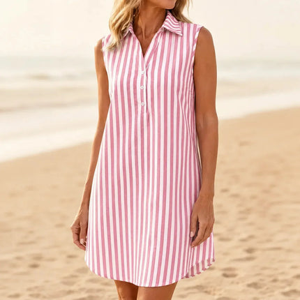 Women's Shirt Dress in Stripes, Collared and Sleeveless