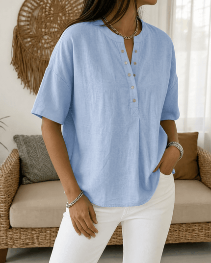 Women's Short Sleeve Blouse with a Henley Button Placket