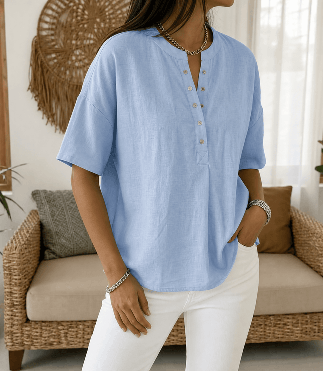 Women's Short Sleeve Blouse with a Henley Button Placket