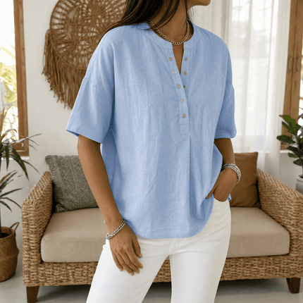 Women's Short Sleeve Blouse with a Henley Button Placket