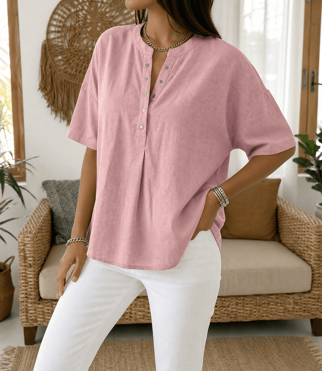 Women's Short Sleeve Blouse with a Henley Button Placket