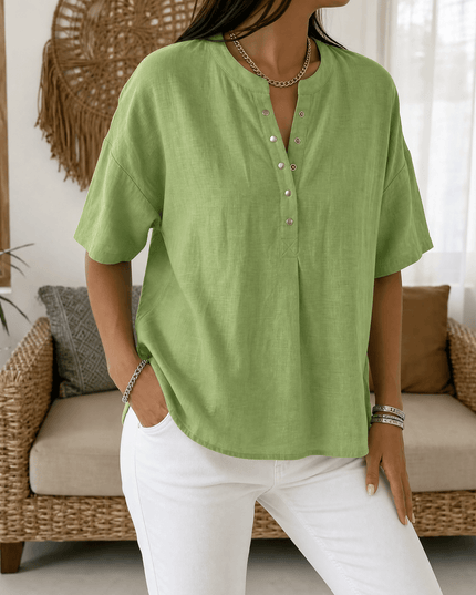Women's Short Sleeve Blouse with a Henley Button Placket