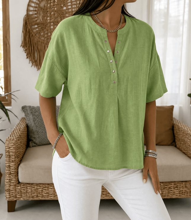 Women's Short Sleeve Blouse with a Henley Button Placket