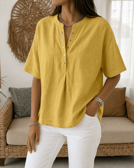 Women's Short Sleeve Blouse with a Henley Button Placket