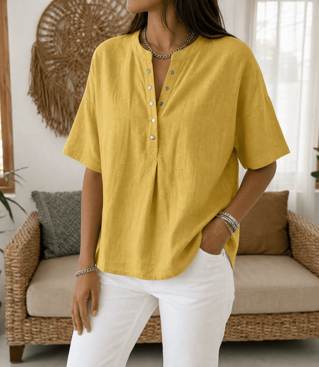 Women's Short Sleeve Blouse with a Henley Button Placket