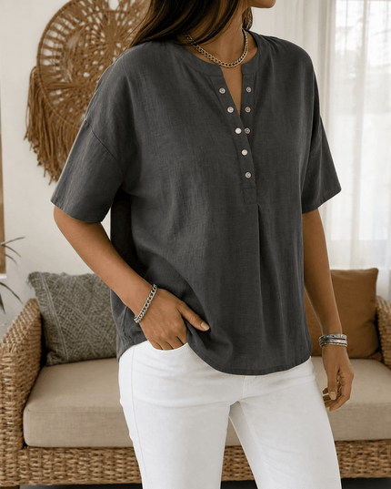 Women's Short Sleeve Blouse with a Henley Button Placket