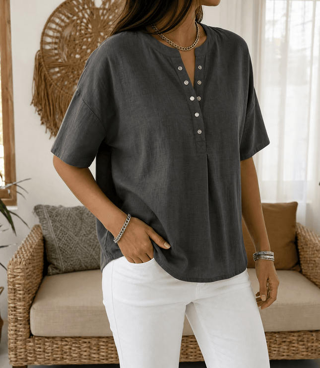 Women's Short Sleeve Blouse with a Henley Button Placket