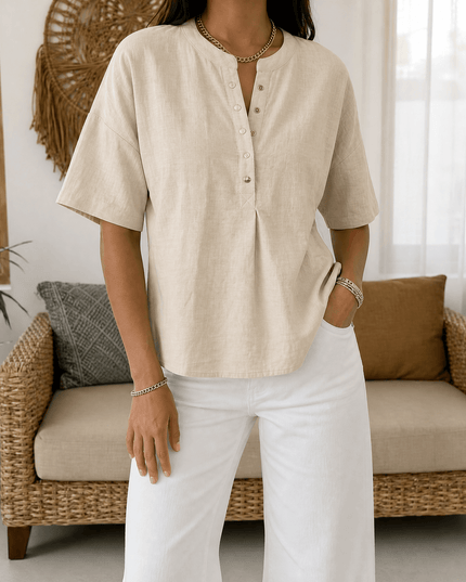 Women's Short Sleeve Blouse with a Henley Button Placket