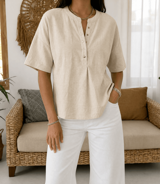 Women's Short Sleeve Blouse with a Henley Button Placket