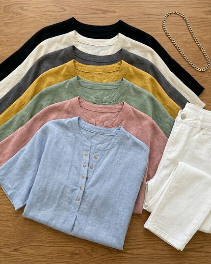Women's Short Sleeve Blouse with a Henley Button Placket