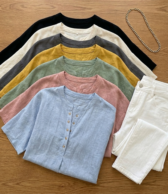 Women's Short Sleeve Blouse with a Henley Button Placket