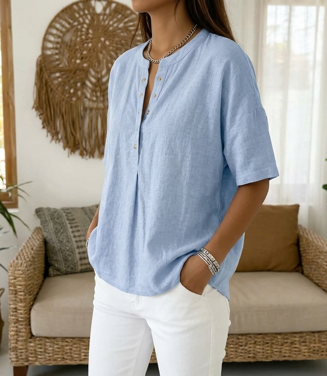Women's Short Sleeve Blouse with a Henley Button Placket