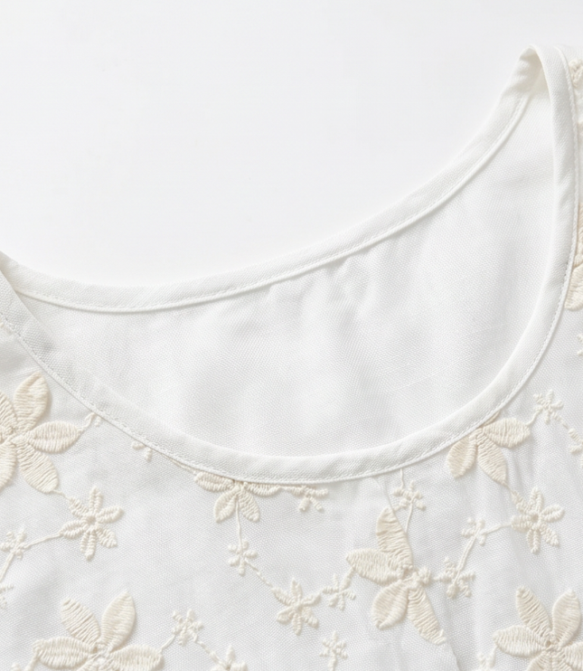 Women's Short Sleeve Blouse with Floral Embroidery