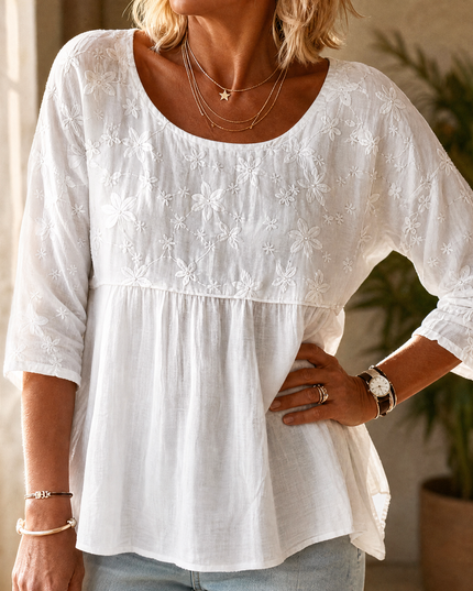 Women's Short Sleeve Blouse with Floral Embroidery