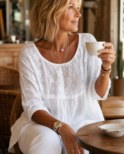 Women's Short Sleeve Blouse with Floral Embroidery