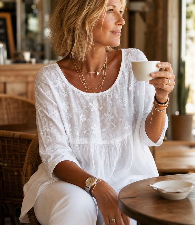 Women's Short Sleeve Blouse with Floral Embroidery