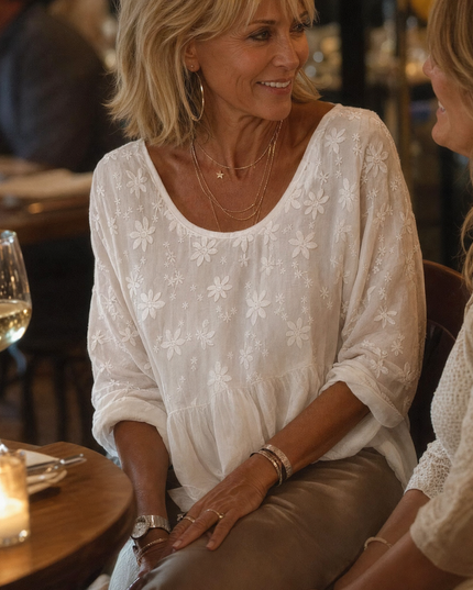 Women's Short Sleeve Blouse with Floral Embroidery