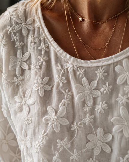 Women's Short Sleeve Blouse with Floral Embroidery