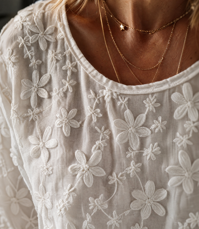 Women's Short Sleeve Blouse with Floral Embroidery